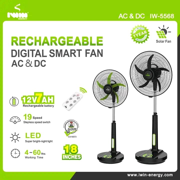 Iwin Rechargeable Digital Smart Fan "18 inches" (Without Solar Panel)