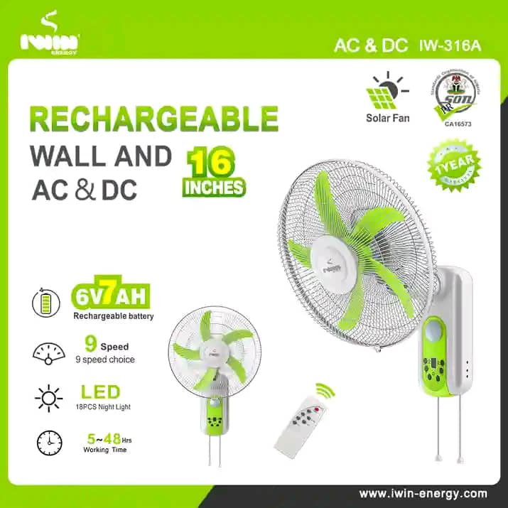 Iwin Rechargeable Wall Fan "16 Inches" (Without Solar Panel)